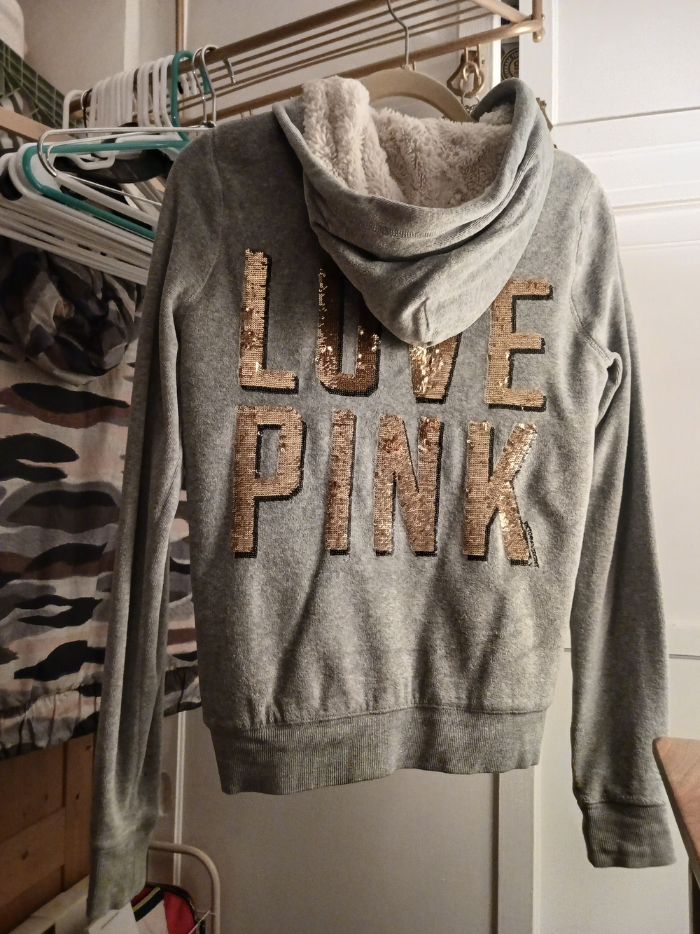 Victoria's Secret LOVE PINK Bling Sequin Sherpa Hoodie Fur Lined Full Zip